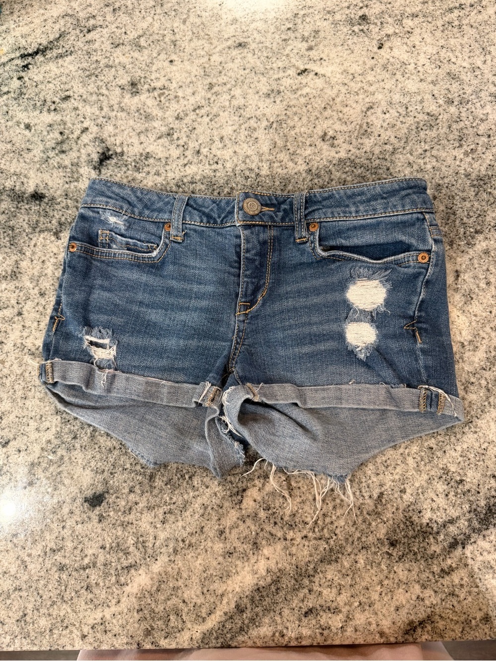 Aeropostale Distressed Rolled Cuff Denim Short - Blue
